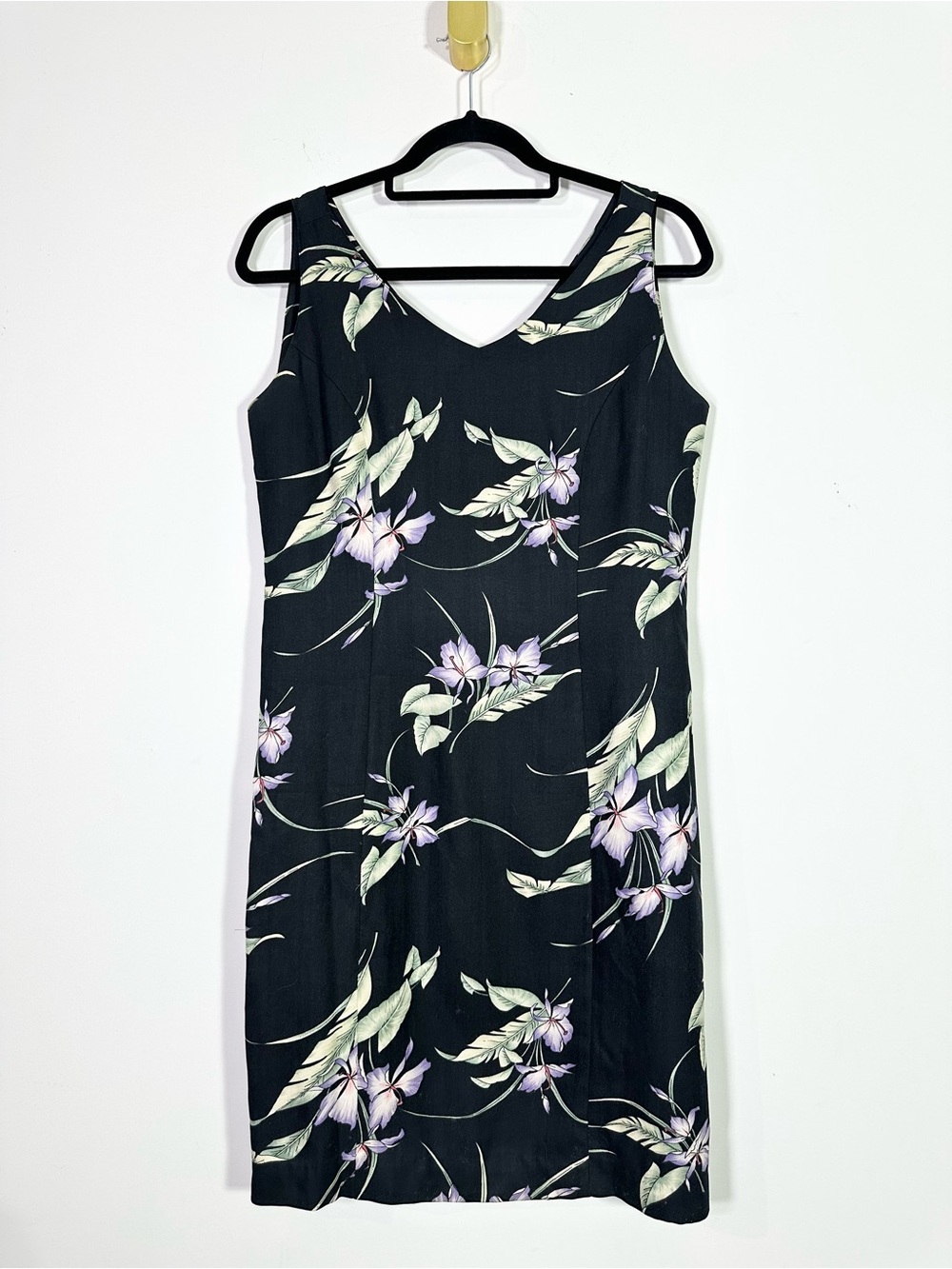 Tommy Bahama Black Purple Floral Hawaiian Print Sleeveless V-Neck Silk Dress